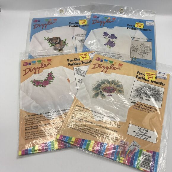 Lot of 4 VTG Iron-On Transfer Pattern 1989 Dizzle Koala Iris Roses Peacock Mask - Picture 1 of 9